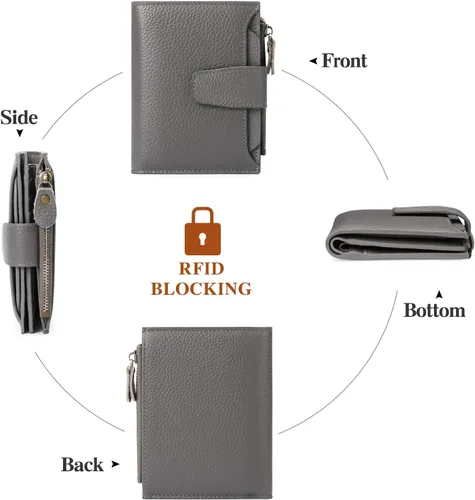 Miniatura 4 de FALAN MULE Cartera pequeña para mujer, de piel auténtica, plegable, compacta, con bloqueo RFID, pequeña cartera para mujer, Gris-oscuro, Casual