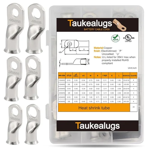 Miniatura 13 de Kit de 260 terminales de anillo de batería AWG8 de calibre 4 6 2 1/0 y conectores a tope no aislados, 65 lengüetas de férula de crimpado sin
