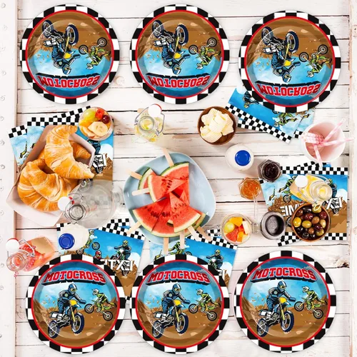 Miniatura 7 de Suministros para fiesta de cumpleaños de motocross sirve para 24 platos de papel para fiesta de motocicleta, juego de servilletas, mantel