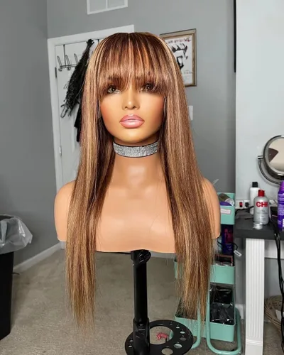 Miniatura 7 de #1B/27 Pelucas de cabello humano ondulado suelto con flequillo HD transparente encaje frontal pelucas de cabello humano natural Stright densidad