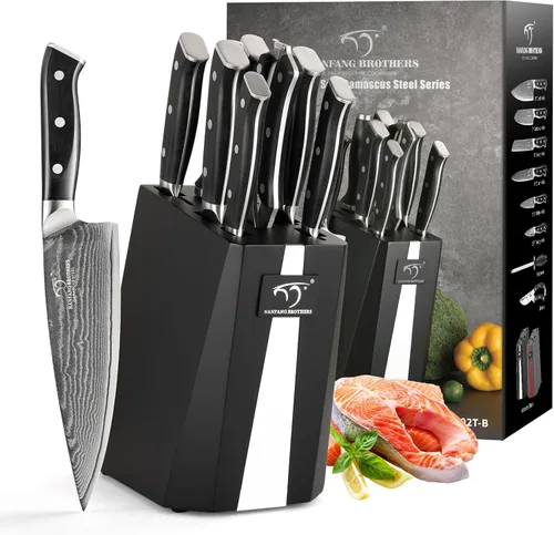 Miniatura 7 de NANFANG BROTHERS Juego de cuchillos de cocina de Damasco de 9 piezas con bloque, mango ergonómico ABS para juego de cuchillos de chef, afilador