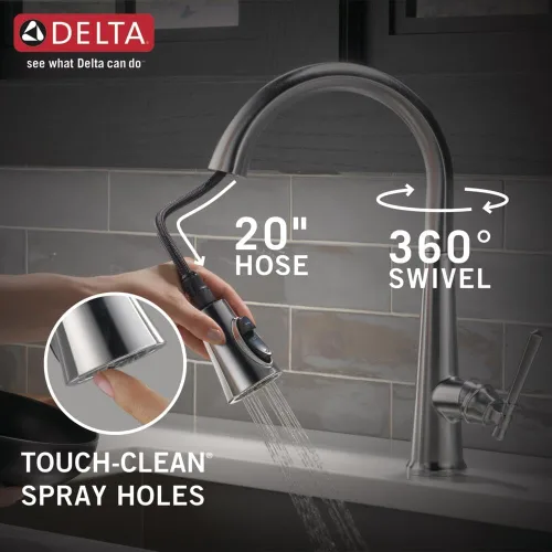 Miniatura 7 de Grifo de cocina Delta Faucet Emmeline de níquel cepillado, grifos de cocina con rociador desplegable, grifo de fregadero de cocina, cabezal