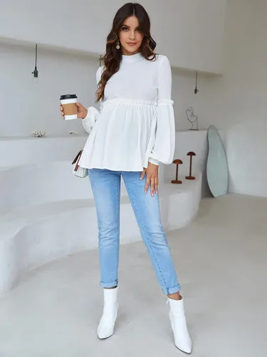 Miniatura 5 de MakeMeChic Camisa de maternidad de manga larga con cuello alto falso y ribete de volantes para mujer