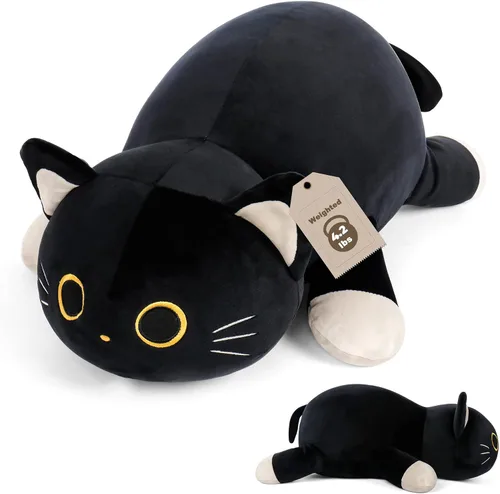 Wepop Animales de Peluche con Peso de Gato Negro de 24 pulgadas, Almohada de Gato Negro con Peso de 4.2 libras, Animal de Peluche Gigante de Gato,