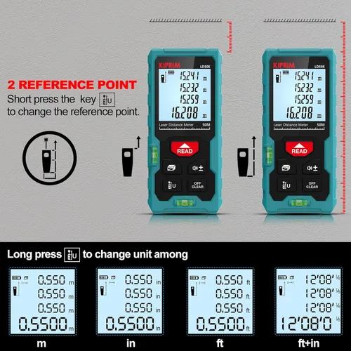Miniatura 3 de Kiprim Medidor de Distancia Láser de Alta Precisión 165 pies Kiprim LD50E Cinta Métrica Láser 50M Herramienta de Medición Láser Compacta
