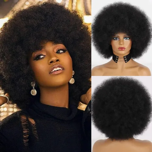 Xinran Pelucas afro cortas de los años 70 para mujeres negras, peluca afro corta negra sintética grande de los años 70, peluca afro de 8 pulgadas 60