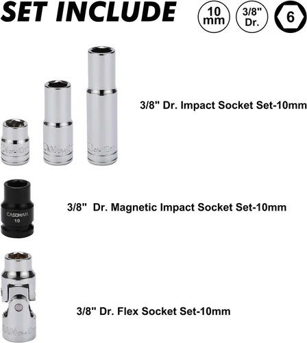 Miniatura 3 de CASOMAN Juego de 10 piezas de enchufe de impacto y enchufe flexible, 1/4" y 3/8" Dr., 6 puntos, 10 mm, métrico, incluye enchufe de impacto