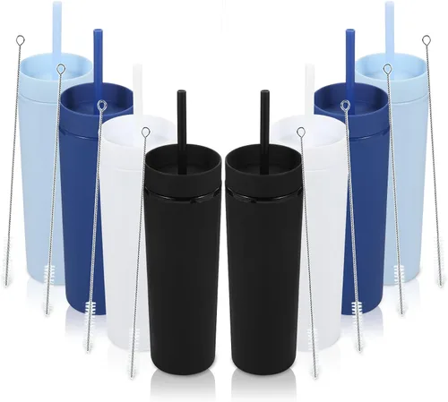 Miniatura 32 de Volhoply Vaso delgado de plástico de 16 onzas con tapa y pajita, paquete de 4 unidades, vasos aislados de doble pared de acrílico mate, sin BPA