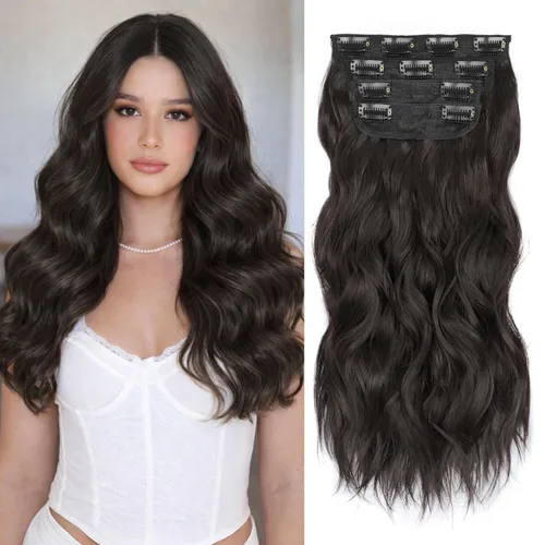 ALXNAN Extensiones de cabello sintético largo y ondulado con clip, de 16 pulgadas, color negro natural, 4 piezas gruesas, fibra de doble trama, para