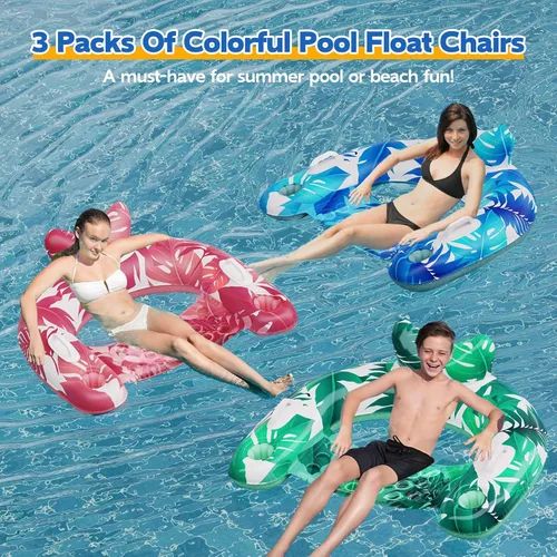 Miniatura 2 de KEUCL Flotadores de piscina, paquete de 3 sillas inflables para piscina con portavasos y asas, flotadores de piscina para adultos y niños, perfectos