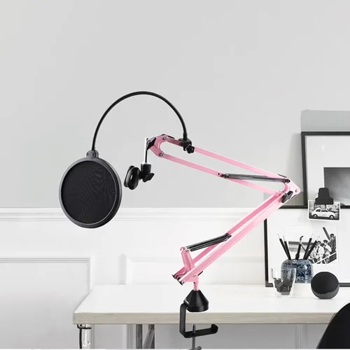 Miniatura 5 de Brazo de brazo de micrófono rosa, soporte de micrófono de tijera de suspensión resistente con soporte de choque y filtro pop, abrazadera