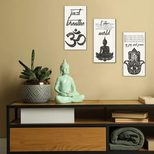 Miniatura 5 de Blulu 3 piezas de arte de pared de Buda, citas espirituales de Buda, decoración de pared de meditación, decoración de madera zen, decoración