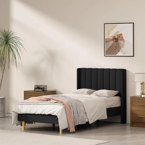 Miniatura 33 de Base de cama Queen con cabecero, base de cama de plataforma con respaldo de terciopelo vertical copetudo, soporte de listones de madera, no necesita