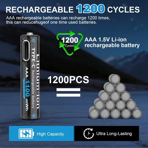 Miniatura 3 de Baterías de litio AAA recargables USB de 1100 mWh (paquete de 4, 1.5 V), baterías triple A con cable tipo C, 1200 ciclos, batería AAA de larga