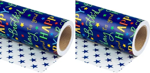 Miniatura 21 de WRAPAHOLIC Papel de regalo reversible, mini rollo, 17 pulgadas x 33 pies, diseño de mármol azul con rayas para cumpleaños, vacaciones, bodas, baby