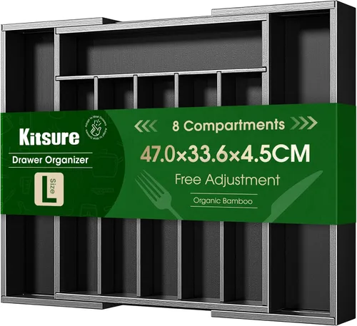 Kitsure Organizador de cubiertos – Organizador de cajones de cocina de bambú expandible para utensilios de cocina y cubiertos, organizadores de Negro