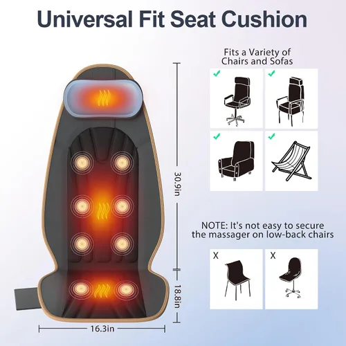Miniatura 8 de SLOTHMORE Cojín de asiento de masaje, masajeador de espalda de vibración con calor, almohadilla para silla de masaje con almohada ajustable