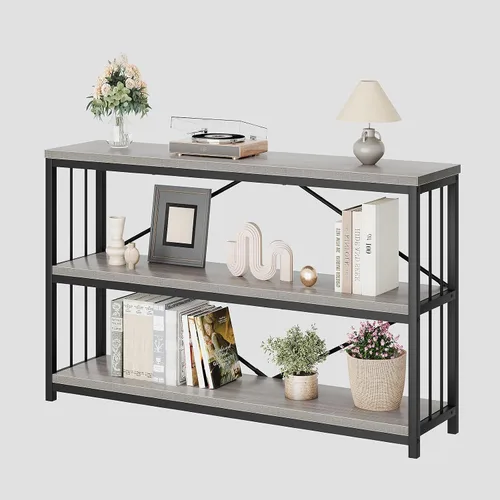 Miniatura 9 de LVB Mesa de Entrada Estilo Granja, Mesa Consola de Metal y Madera para Pasillo, Mesa de Sofá Rústica Industrial con Estante de Almacenamiento de 3