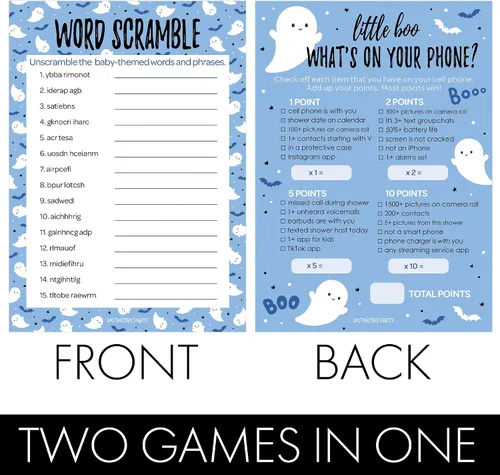 Miniatura 3 de DISTINCTIVS Blue Little Boo is Almost Due Halloween Boy Baby Shower Game Pack – 20 tarjetas de doble cara – Qué hay en tu teléfono y palabras