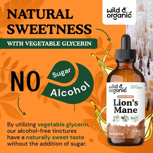 Miniatura 6 de Wild & Organic Gotas líquidas de melena de leones, apoyo para el cerebro y la concentración, suplemento de hongo melena de león - Gotas de hongo
