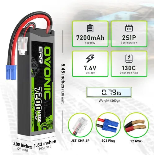 Miniatura 2 de OVONIC 2S LiPo Batería 7200mAh 7.4V 130C RC Batería con EC5 Conector