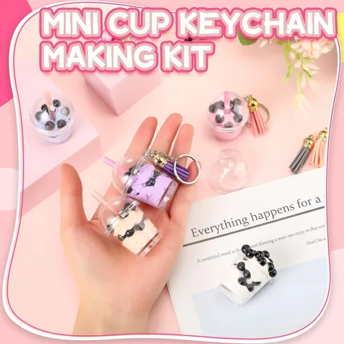 Miniatura 3 de Cunno 348 piezas de mini llaveros de té lechoso, accesorios de pegamento de té de burbujas, incluye anillos para llavero, mini taza, colgante