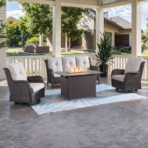 Miniatura 130 de HUMMUH Sillas Mecedoras Giratorias de Mimbre para Patio Exterior con Respaldo Alto, Sillas Deslizantes de Ratán PE, Juego de Muebles de Patio de 4
