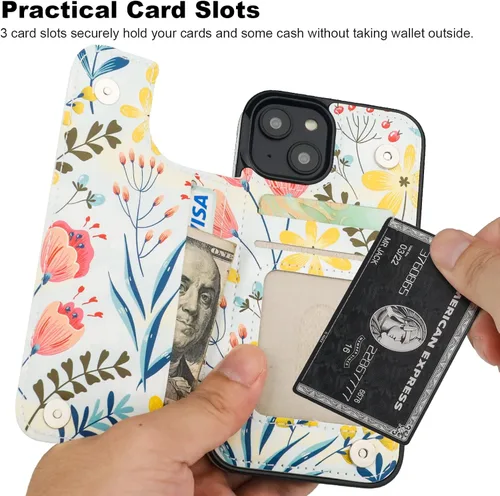 Miniatura 3 de HAOPINSH Funda para iPhone 13 Mini con tarjetero y diseño de flores en la parte posterior, con función atrás, de piel sintética, con ranuras