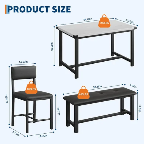 Miniatura 8 de GarveeHome Juego de mesa de comedor para 4, mesa de cocina con 2 sillas tapizadas y banco, juego de comedor de cocina de madera, para espacios