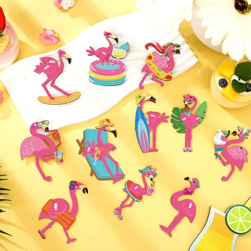 Miniatura 3 de 36 piezas de adornos de flamenco, hojas de palma tropical, flores, adorno de madera colgante para árbol, para fiestas de verano, hawaianas