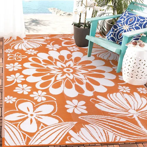 Ileading Alfombra de Paja de Plástico para Exteriores 5x8 pies Estilo Floral Divertido Alfombras de Área Reversibles para Patio Impermeables