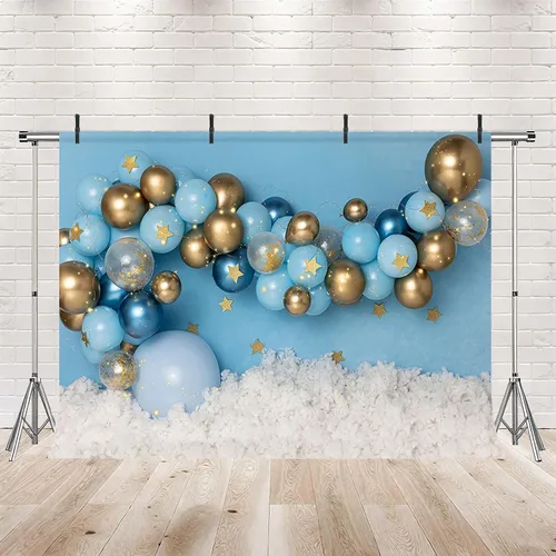 Miniatura 2 de MEHOFOND Fondo de fotografía de cumpleaños de niño de 7 x 5 pies para decoración de retratos, globos azules y dorados, globos azules y dorados