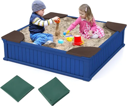 Miniatura 10 de Costzon Caja de arena para niños con cubierta, caja de arena de polietileno de alta densidad de 47 x 47 pulgadas con cubierta Oxford, forro Óxido