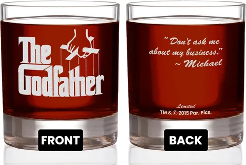 Vaso de whisky grabado con el padrino oficial, con logotipo y cita ''Don't ask me about my business'', cristalería hecha a mano, calidad premium, 11