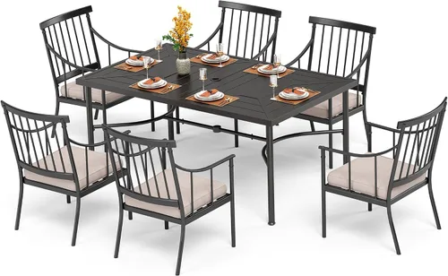 Miniatura 23 de PHI VILLA Juego de comedor al aire libre de 7 piezas con cojín, mesa de comedor rectangular de metal de 60 pulgadas con agujero para sombrilla y 6