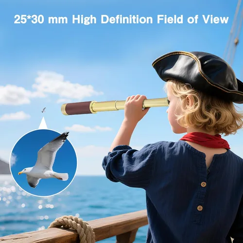 Miniatura 5 de Telescopio pirata retro con zoom de 25x30, telescopio portátil plegable de mano, monocular vintage para niños y equipo de supervivencia, brújula