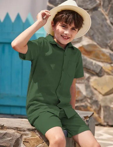 Miniatura 3 de COOFANDY Conjunto de camisa y pantalones cortos de algodón de manga corta con botones para niño de 2 piezas