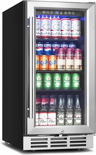 Feelfunn Refrigerador de bebidas de 15 pulgadas bajo mostrador – Refrigerador de bebidas de 126 latas con puerta de vidrio para cerveza, vino y soda