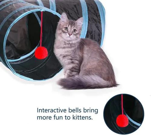 Miniatura 5 de Túnel para gatos, tubo plegable con 1 pelota de juego, 3 vías para gatos de interior, cachorros, gatitos, conejos