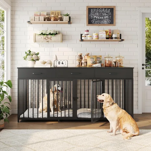 Miniatura 3 de HOSTACK Mueble doble para perros, perrera de 71 pulgadas de ancho para interiores con 3 cajones, jaula de granja para perros para 2 perros Negro