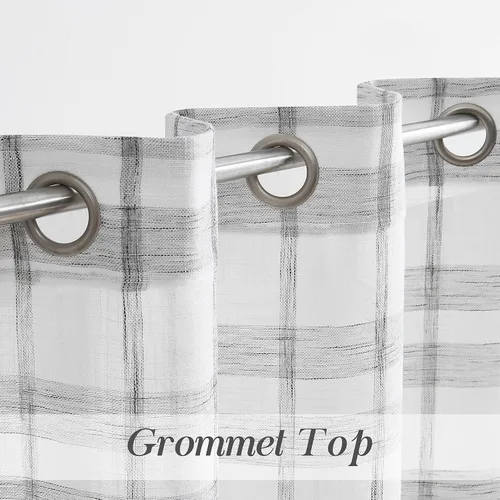 Miniatura 5 de SXZJTEX Cortinas a cuadros grises y blancos, cortinas rústicas de lino traslúcido a cuadros de 63 pulgadas de largo para sala de estar, dormitorio