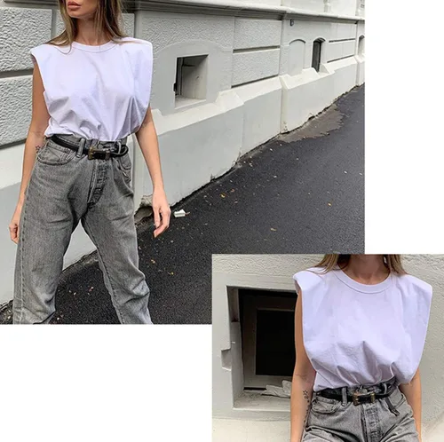 Miniatura 6 de Meladyan Camiseta sin mangas de algodón sólido con hombros acolchados para mujer, cuello redondo, holgada, sin mangas