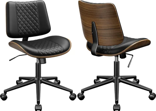 Miniatura 10 de YaFiti Silla de oficina sin brazos, silla de escritorio moderna de mediados de siglo con respaldo de madera de nogal y elevación de gas SGS nivel 3