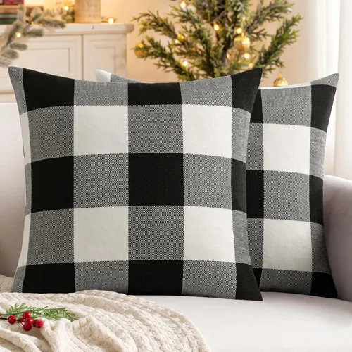 Miniatura 16 de MIULEE - Paquete de 2 fundas de almohada decorativas clásicas de Navidad de lino y poliéster a cuadros de granja, color negro sólido y rojo