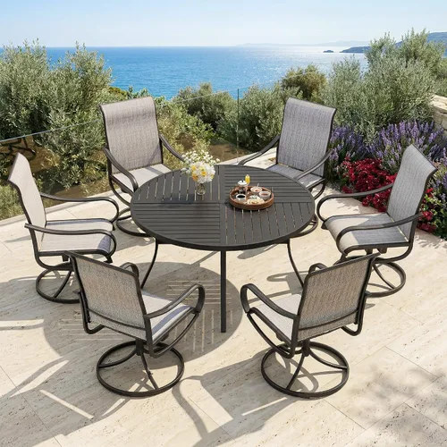 Miniatura 27 de PHI VILLA Juego de comedor de patio de 5 piezas con 4 sillas de comedor giratorias para exteriores y 1 mesa de comedor redonda grande, silla de tela