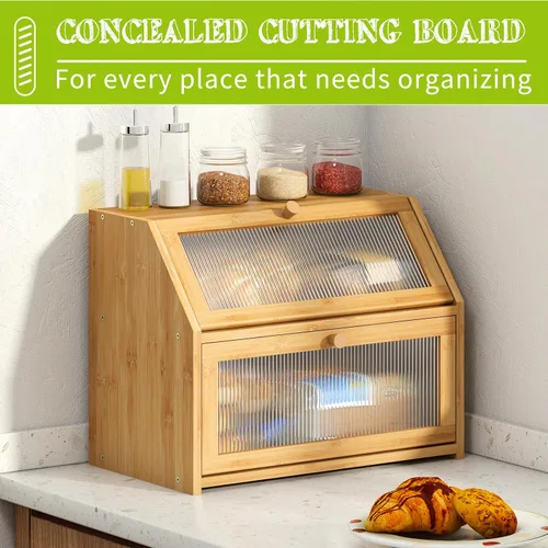 Miniatura 3 de BMOSU Panera grande para encimera de cocina, panera de doble capa para encimera de cocina, panera de madera de bambú con capacidad de almacenamiento