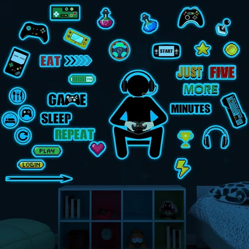 Calcomanías de pared para jugadores que brillan en la oscuridad, calcomanías de pared para controlador de juegos, decoración de sala de juegos, Azul