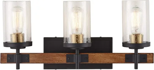 Miniatura 5 de Possini Euro Design Kata Farmhouse - Lámpara de pared rústica de madera sintética negra con cable de 22 pulgadas, 3 lámparas, cristal cilíndrico