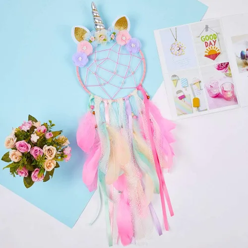 Miniatura 3 de QtGirl Atrapasueños para niños, decoración de pared de unicornio para dormitorio de niñas, decoración de flores para colgar en la pared