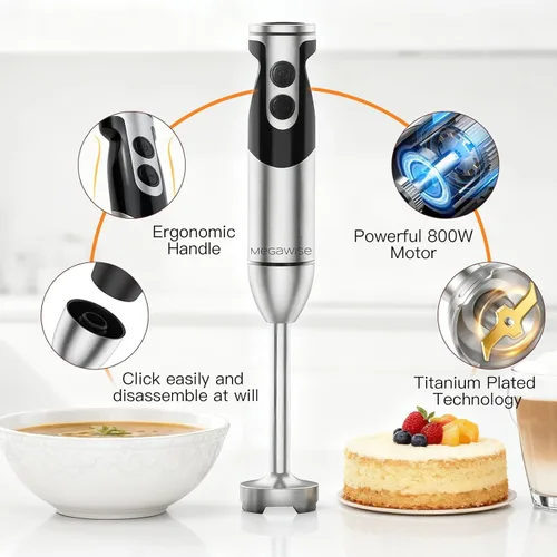 Miniatura 5 de Megawise Batidora de Mano de Alta Potencia – 400W de Potencia Máxima con Accesorios Versátiles 3 en 1 (Eje Mezclador, Batidor, Picadora); Diseño